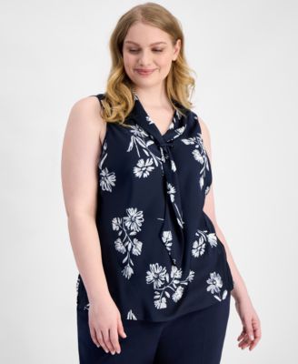 Plus Size Sailor Tie-Neck Sleeveless Blouse