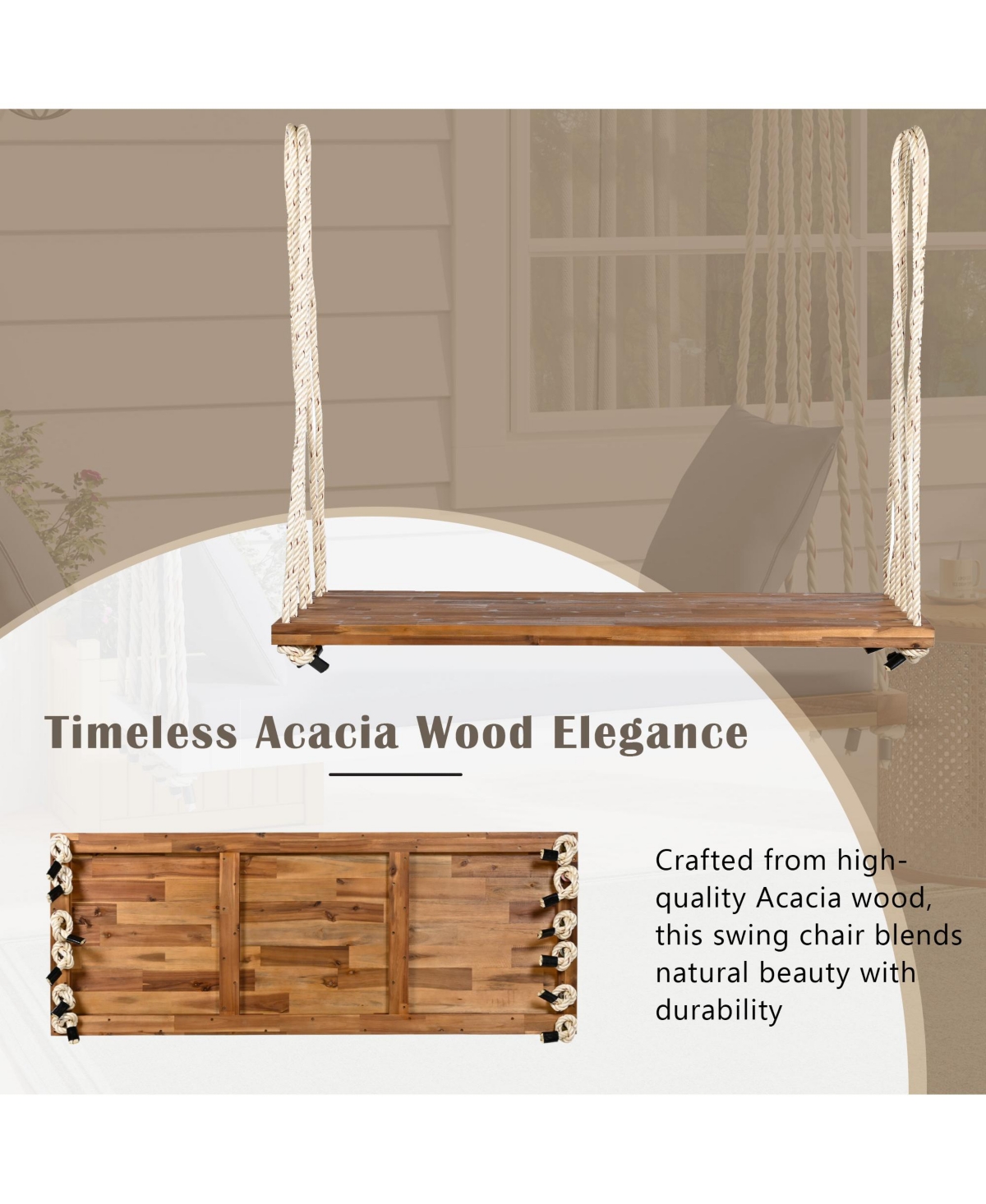 Flynama Patio Wooden Swing Chair, Hanging Porch Swing Bench with Cushion&Pillows, 10.8Ft Hemp Ropes for Garden,Backyard,Lawn