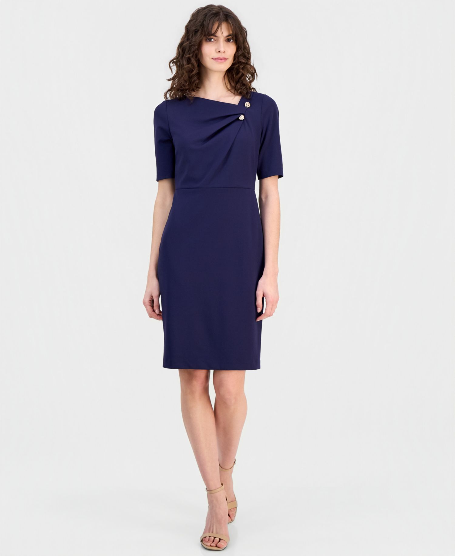 Women's Asymmetric-Neck Elbow-Sleeve Dress