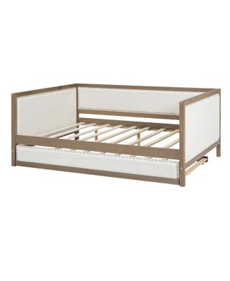  Full Size Upholstered Daybed with Trundle and Nailhead Decoration, Wood Color
