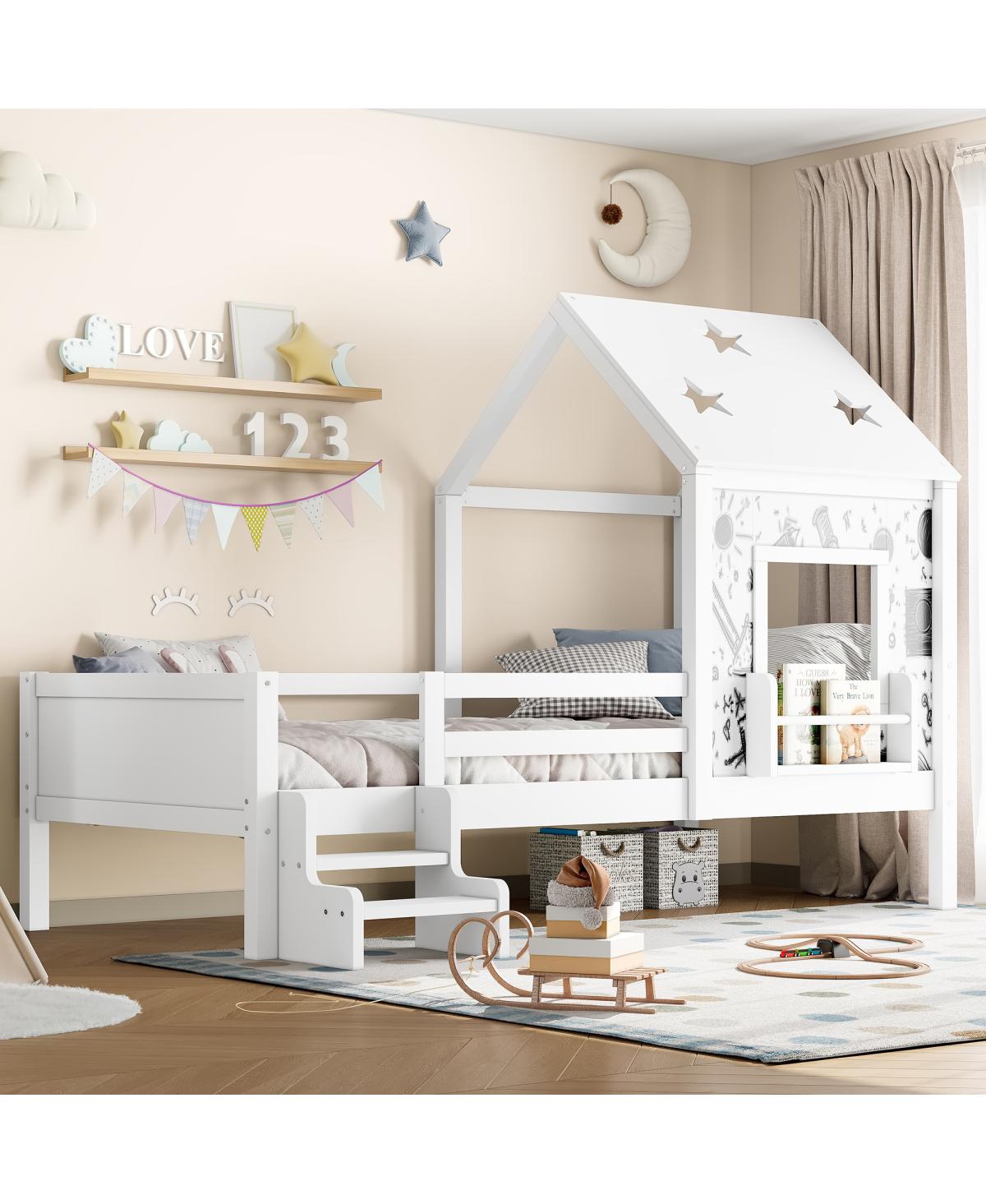 Streamdale Furniture Twin House Bed with Stairs, Bookcase, Blackboard & Roof