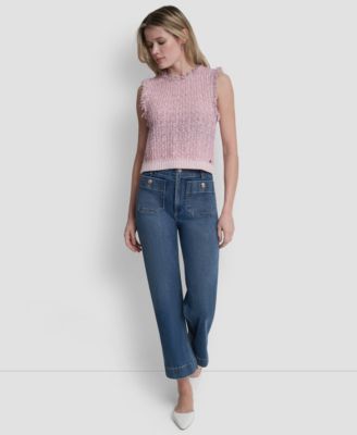 Women's Sleeveless Tweed Fringe Trimmed Sweater