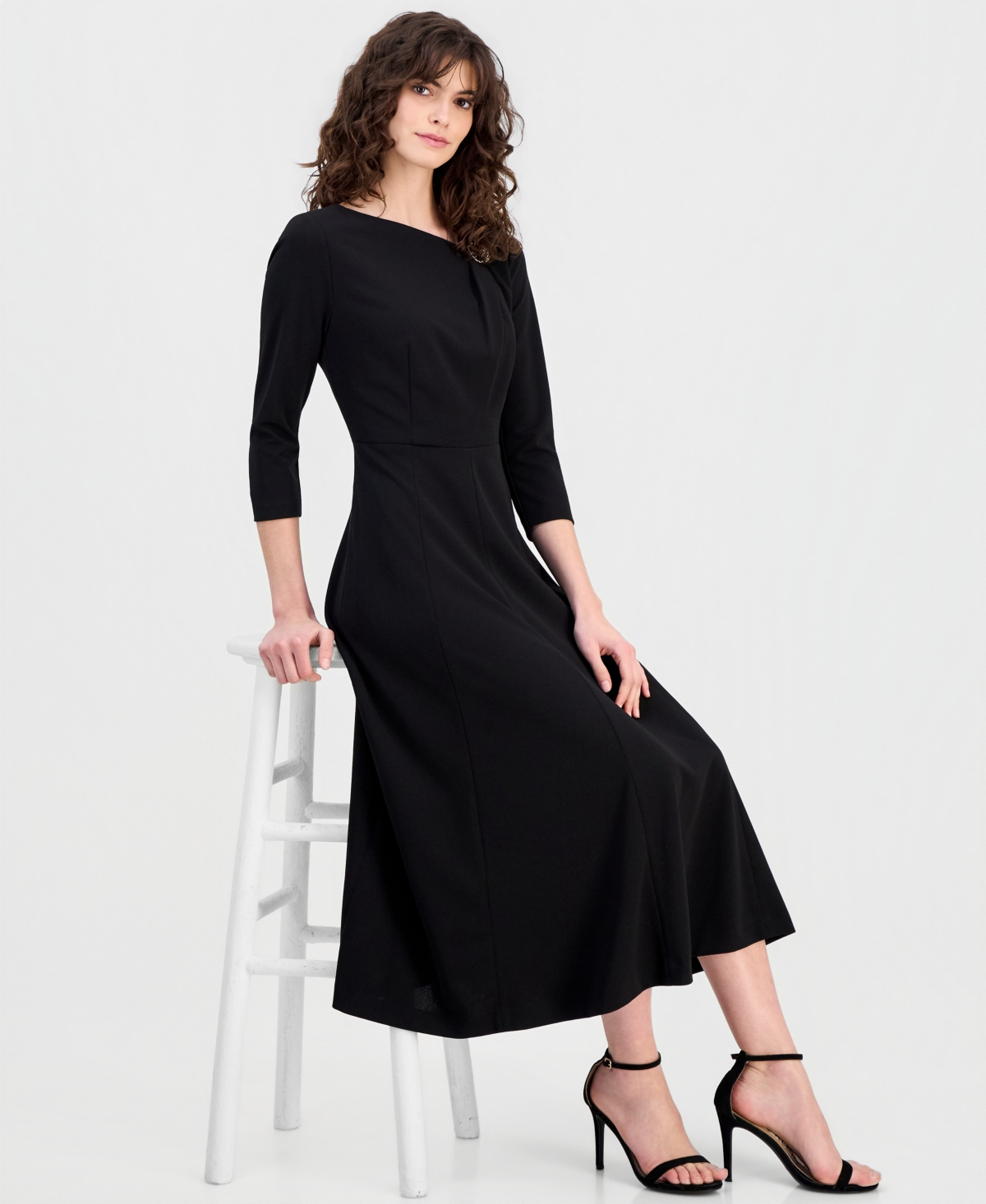 Anne Klein Women's Asymmetric-Neck 3/4-Sleeve Midi Dress