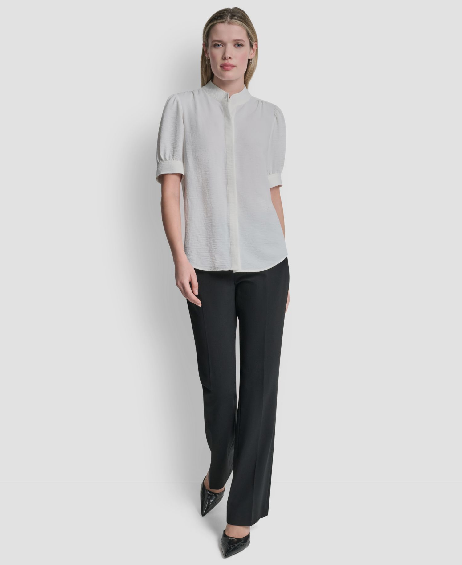 Women's Bell-sleeve Mandarin Collar Textured Blouse