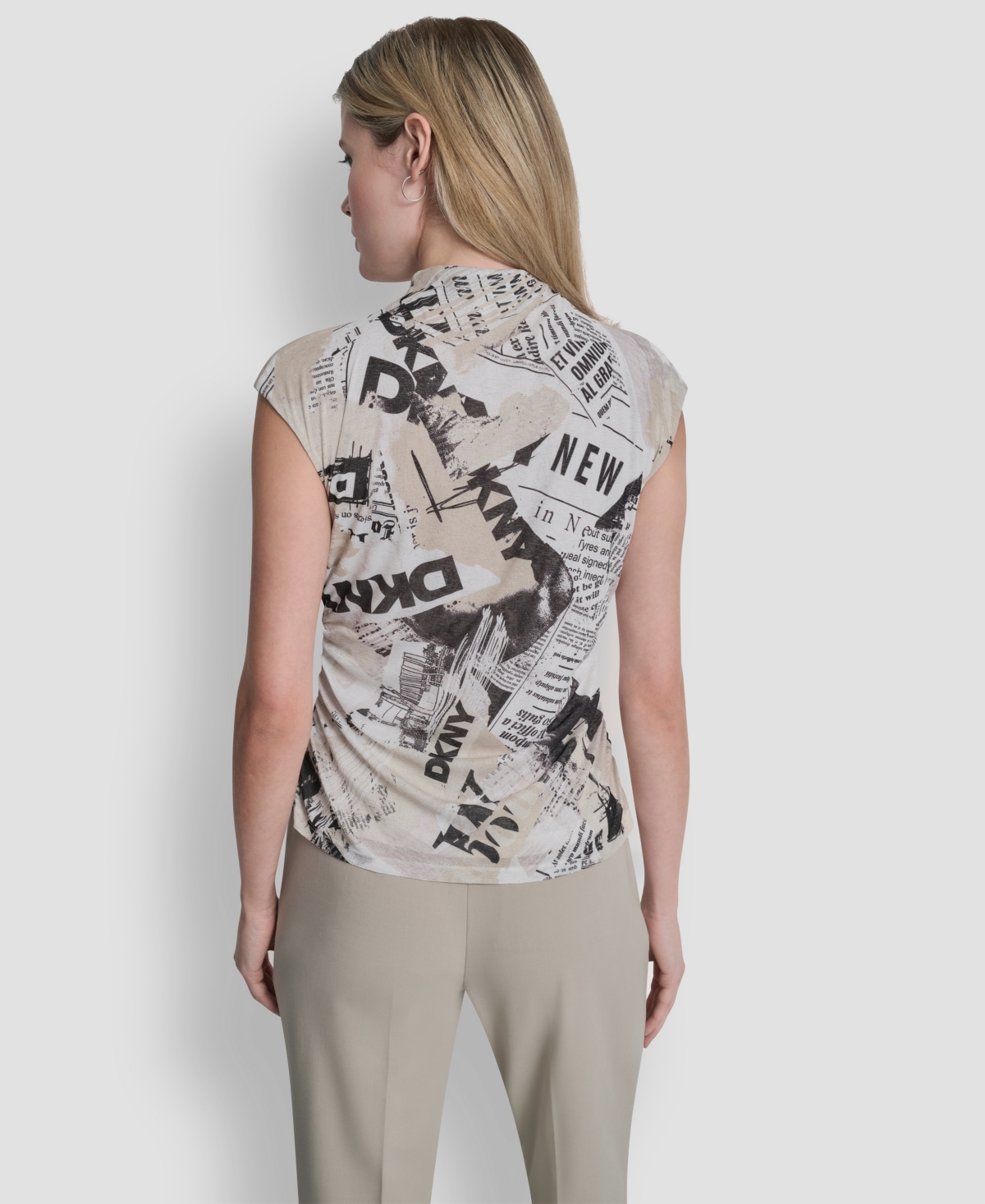 Dkny Women's Newspaper-Print Mock Neck Knit Mesh Top