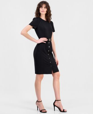 Women's Belted Puff-Sleeve Sheath Dress