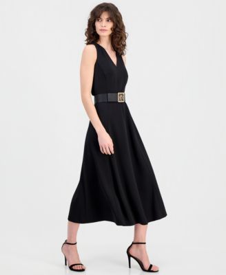 Women's Side-Button Belted Midi Dress