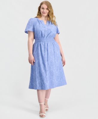 Plus Size Embroidered-Eyelet Short-Sleeve Midi Dress
