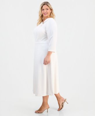 Plus Size Asymmetric-Neck 3/4-Sleeve Midi Dress