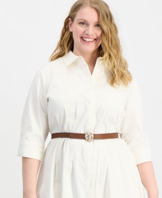 Plus Size 3/4-Sleeve Belted Shirt Dress