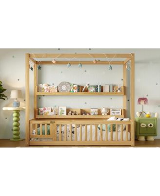 Twin Size Solid Wood Montessori Floor Bed Frame with Guardrails & Shelves