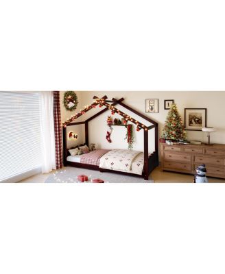 Twin House Floor Bed with Slats, Solid Wood House Bed Frame for Kids