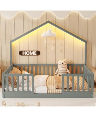 Full Floor Bed with High Rails, Montessori Bed with Light for Kids