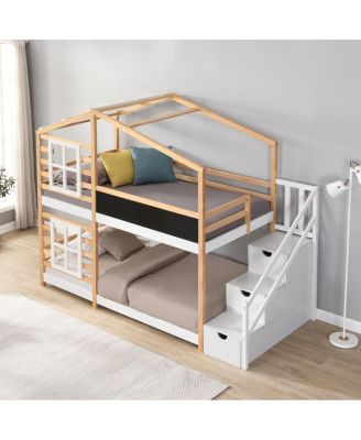 Twin over Twin Bunk Bed House Bed with Storage Ladder Platform Bed