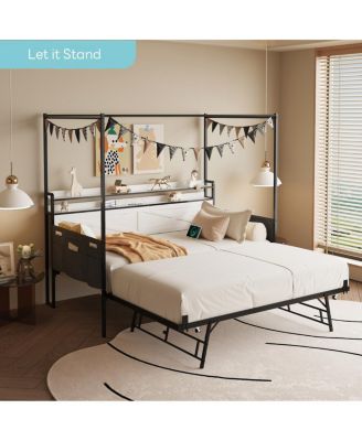 Twin Daybed with Trundle - Heavy-Duty Metal Frame with Guardrails, White
