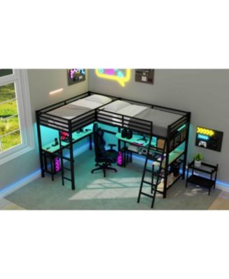 Metal L-Shaped Loft Bed with LED, Storage, 2 Desks & Charging Stations