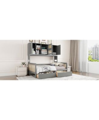  Full Size Wooden Daybed With 2 Drawers, and All-in-One Cabinet and Shelf, Gray