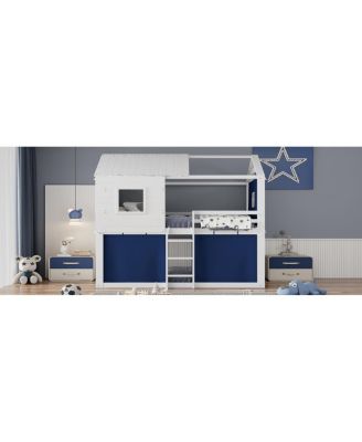 Full Size Bunk Wood House Bed with Tent