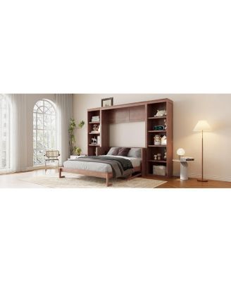 Full Size Murphy Bed with Desk and Bookshelf, Dark Brown