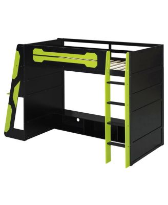 Wood Loft Bed with Desk, Multi-storage Shelves and RGB Light