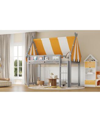 Twin Size Loft Bed with Canopy, LED Lights & Book Shelf