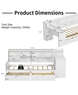  Wooden L-Shape Daybed with 7 Cabinets, 2 Drawers, Desk & Bookshelf, White
