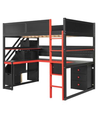 Full Size Wooden Gaming Loft Bed with Storage Stairs, Desk, Shelves & Pegboard