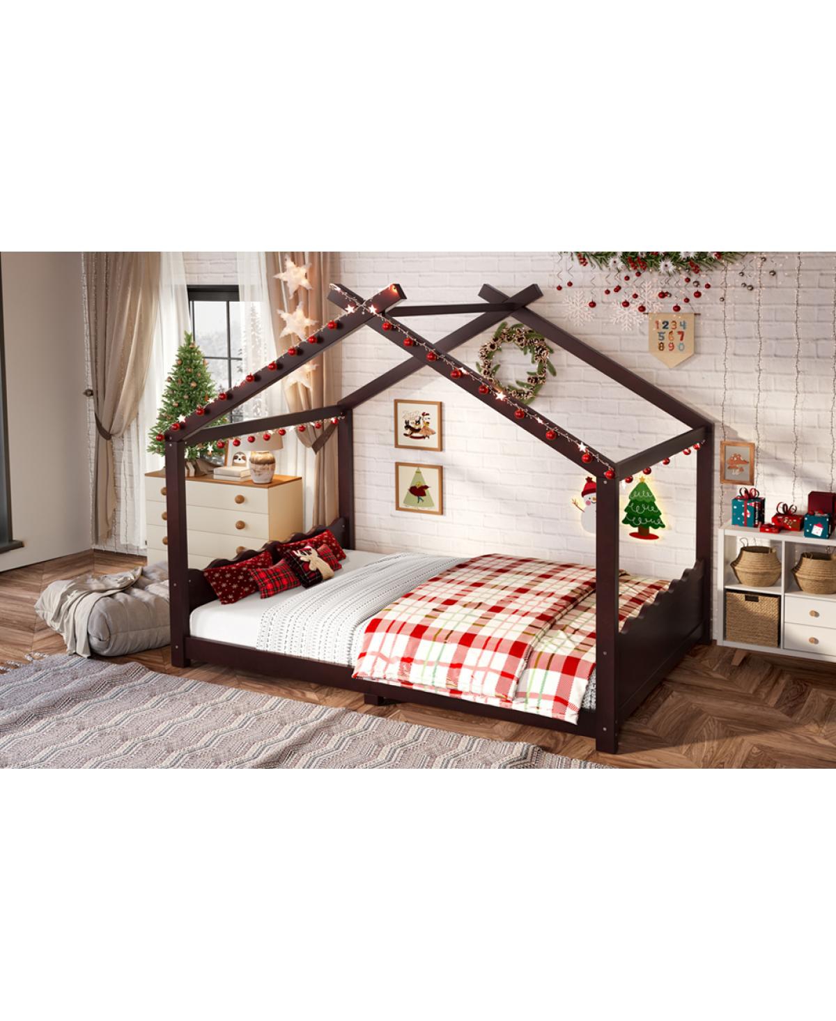 Streamdale Furniture Full House Floor Bed with Support Slats, Solid Wood House Bed Frame for Kids, Espresso