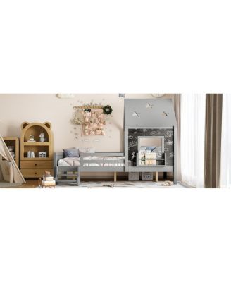 Full House Beds with Low-Profile Stairs, Window, Bookcase, Blackboard, Star Roof, Gray