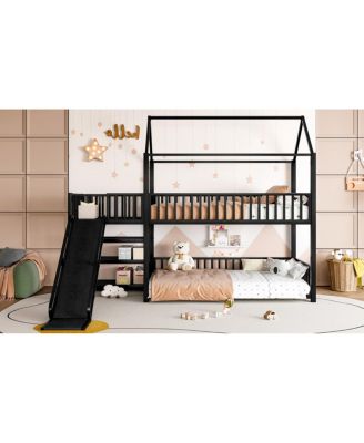 Twin metal House Bunk Bed with Storage Stairs, Slide, Safety Rails
