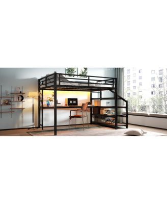 Streamdale Queen Loft Bed with Desk and Storage Stairs, Metal Loft Bed with LED Lights & USB Ports, Black