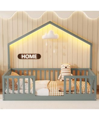  Twin Floor Bed with High Rails, Montessori Wooden Bed with Light, Gray