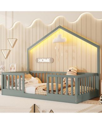  Twin Floor Bed with High Rails, Montessori Wooden Bed with Light, Gray