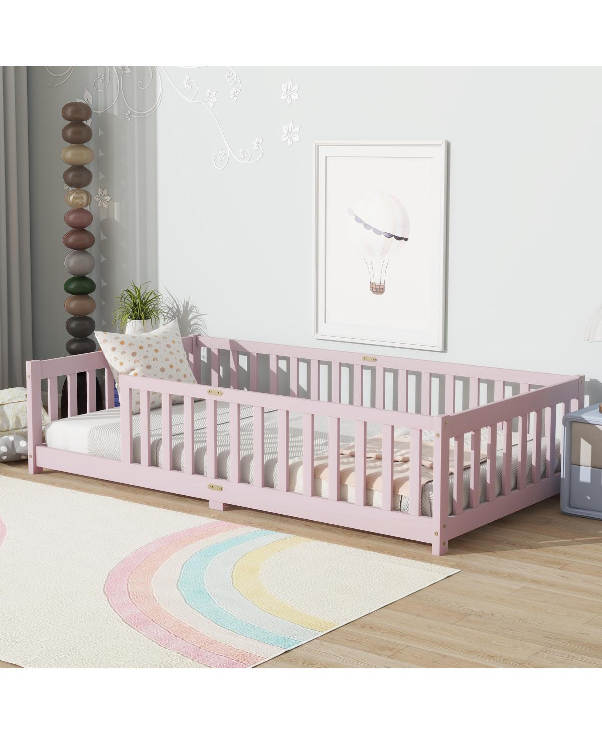 Streamdale Furniture Streamdale Twin Size Floor Bed with Fence, Pink