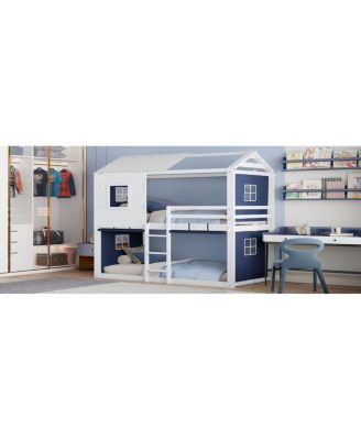 Twin Size Bunk Wood House Bed with Tent