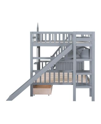  Full-Over-Full Castle Style Bunk Bed with 2 Drawers 3 Shelves and Slide - Gray