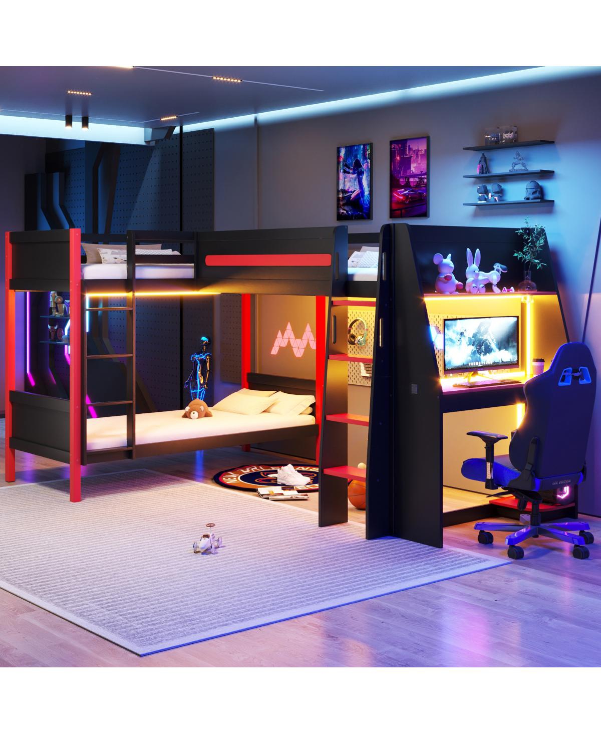Streamdale Furniture L-Shaped Gaming Loft Bunk Bed with Desk, Shelves & Led