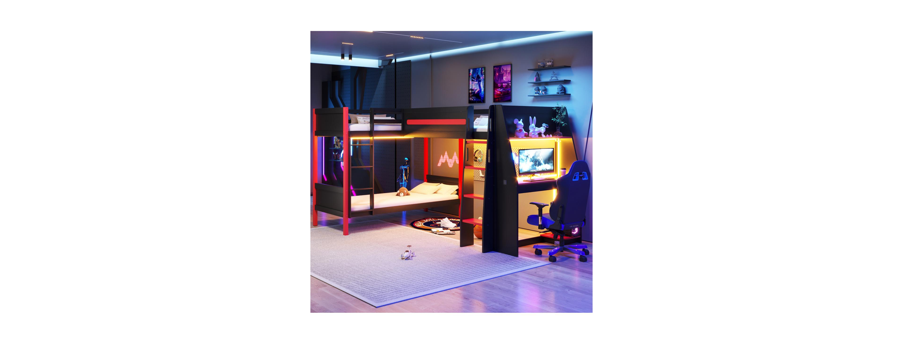 Streamdale Furniture L-Shaped Gaming Loft Bunk Bed with Desk, Shelves & Led