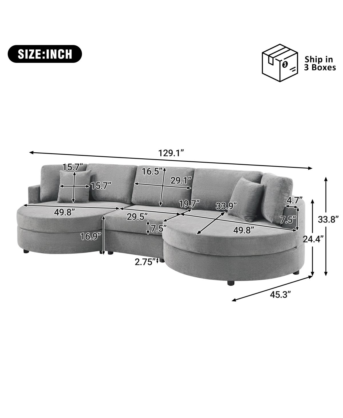 Streamdale furniture 3-seater 129" Curved Upholstered Sofa Couch, Dark Gray