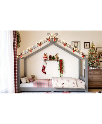 Twin House Floor Bed with Slats, Solid Wood House Bed Frame for Kids, Gray