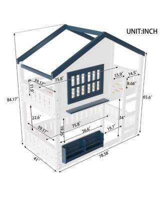 Twin Bunk/Loft Bed with Bookshelf, House Design, Safety Fencing, White & Blue