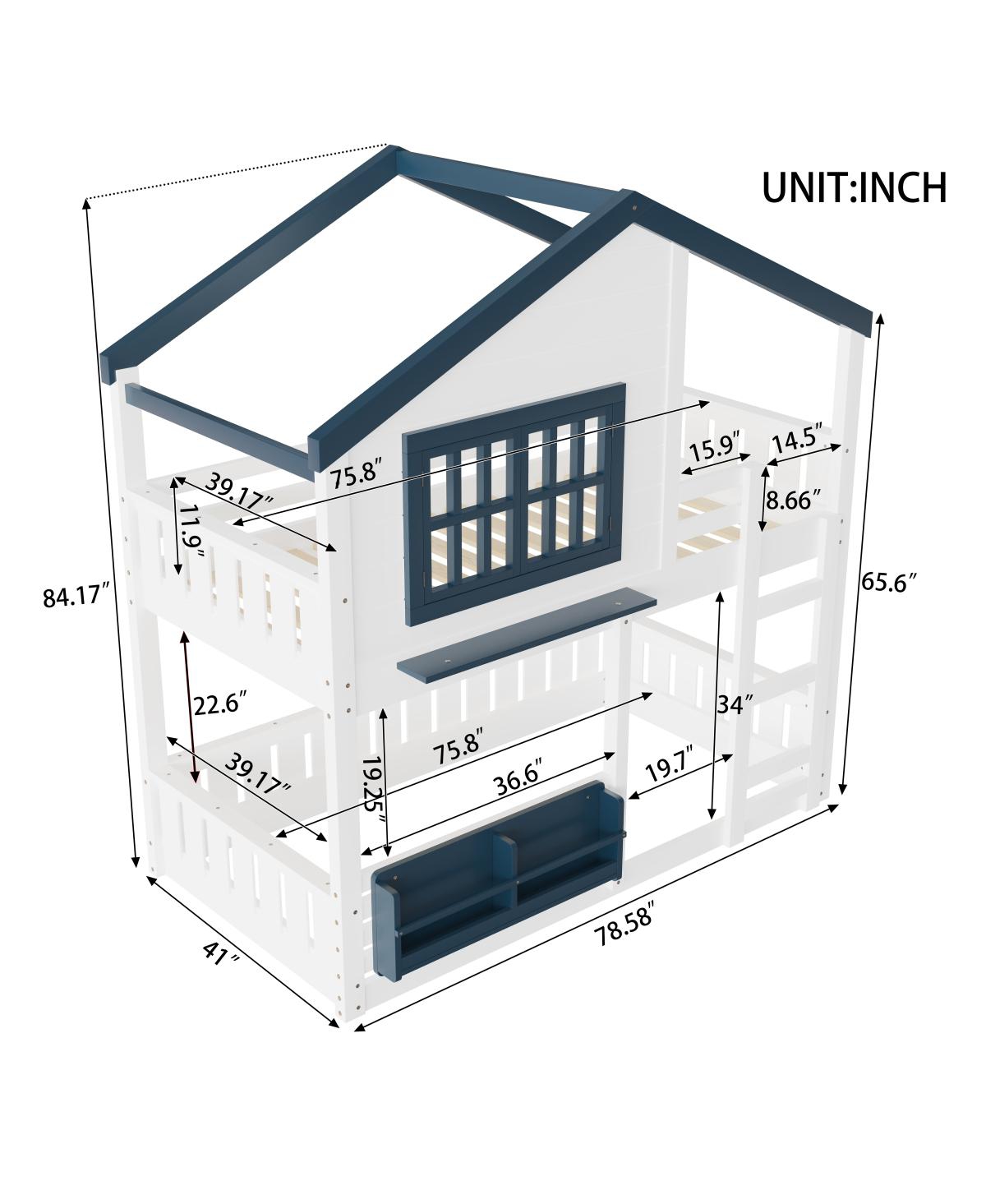 Streamdale Furniture Twin Bunk/Loft Bed with Bookshelf, House Design, Safety Fencing, White & Blue