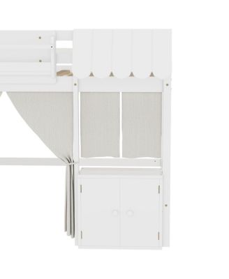  Full Loft Bed with Bookshelf, Curtain, Storage Shelf, Playful Design, White