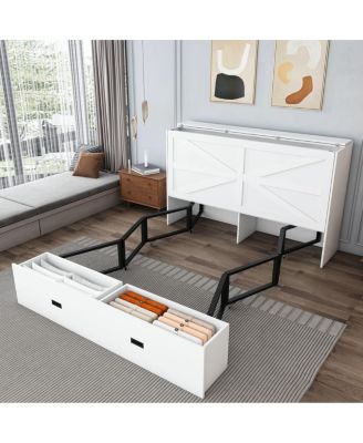 Murphy Bed with Storage, Charging Cabinet, Foldable Panels, Swivel Wheels