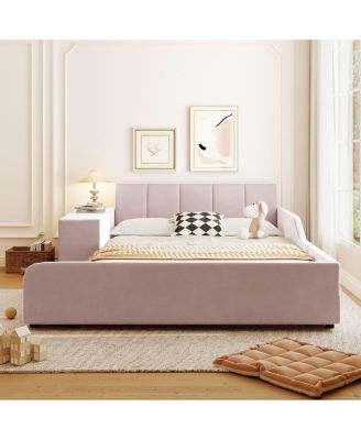 Upholstered Grounded Bed with Bedside Desk & Stool