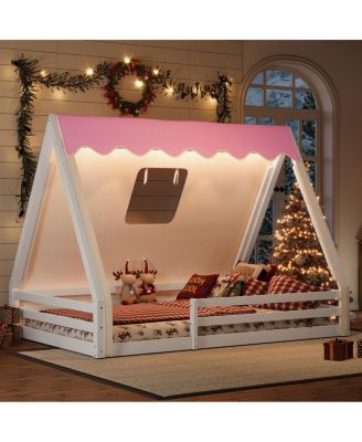 Full Size House Floor Bed with Tent and Light, Solid Wood Teepee Design