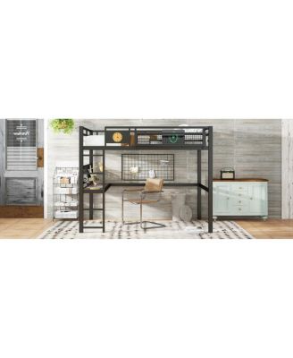 Queen Size Loft Bed Frame with Desk and Storage