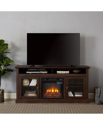 Contemporary Media Stand with 18" Fireplace Insert, Brown, 60"W