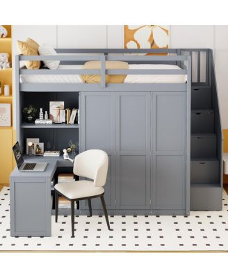 Full Size Loft Bed with Wardrobe, Desk and Shelves