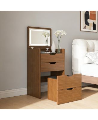 3-in-1 Vanity Desk with Lighted Mirror & Stool, Flip Top Makeup Dressing Table (Walnut)